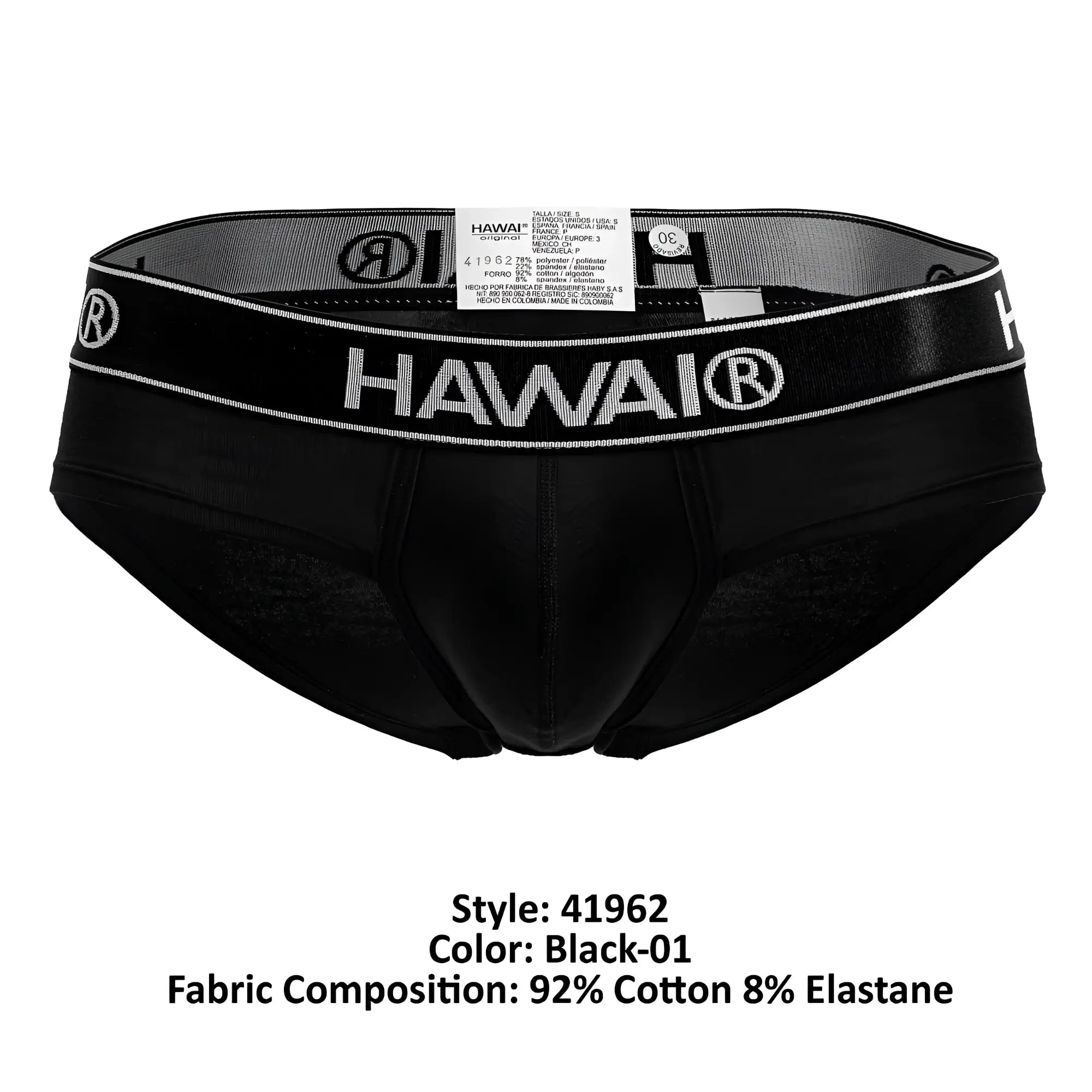 Black hawai briefs in black cotton blend with sleek form fitting design and subtle white branding on waistband