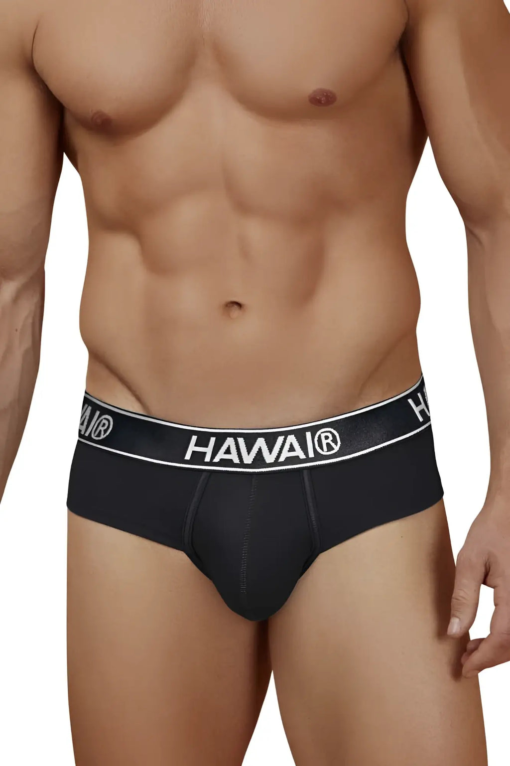 Black hawai briefs in black cotton blend with white elastic waistband featuring bold logo for comfortable everyday wear