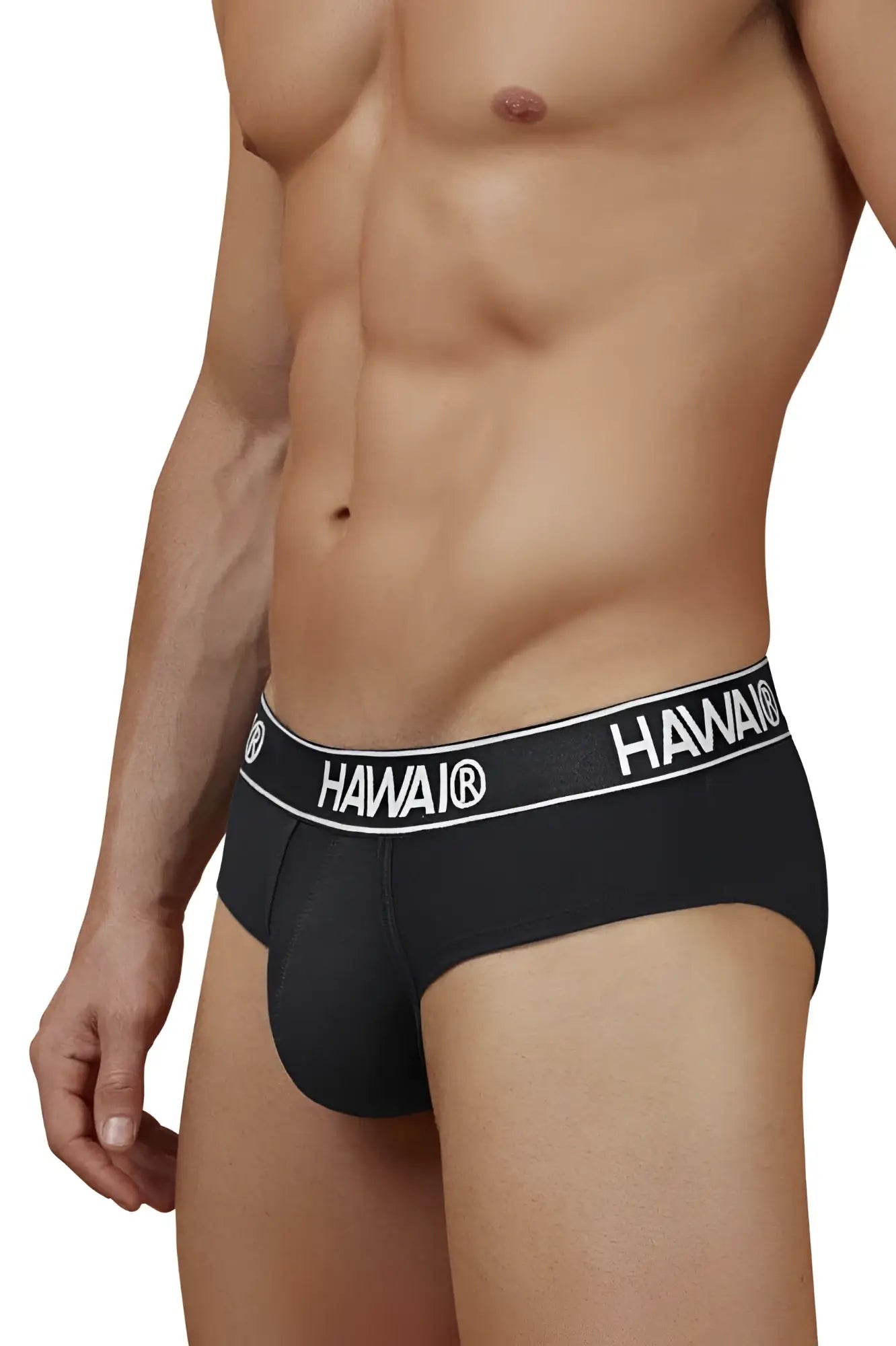 Black hawai branded black cotton blend briefs with white logo band in hawair 41962 style front view