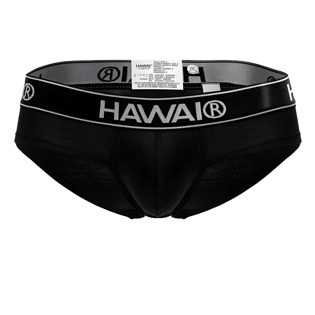 Black hawai® men’s briefs in cotton blend with white logo band and mesh paneling in black color front view