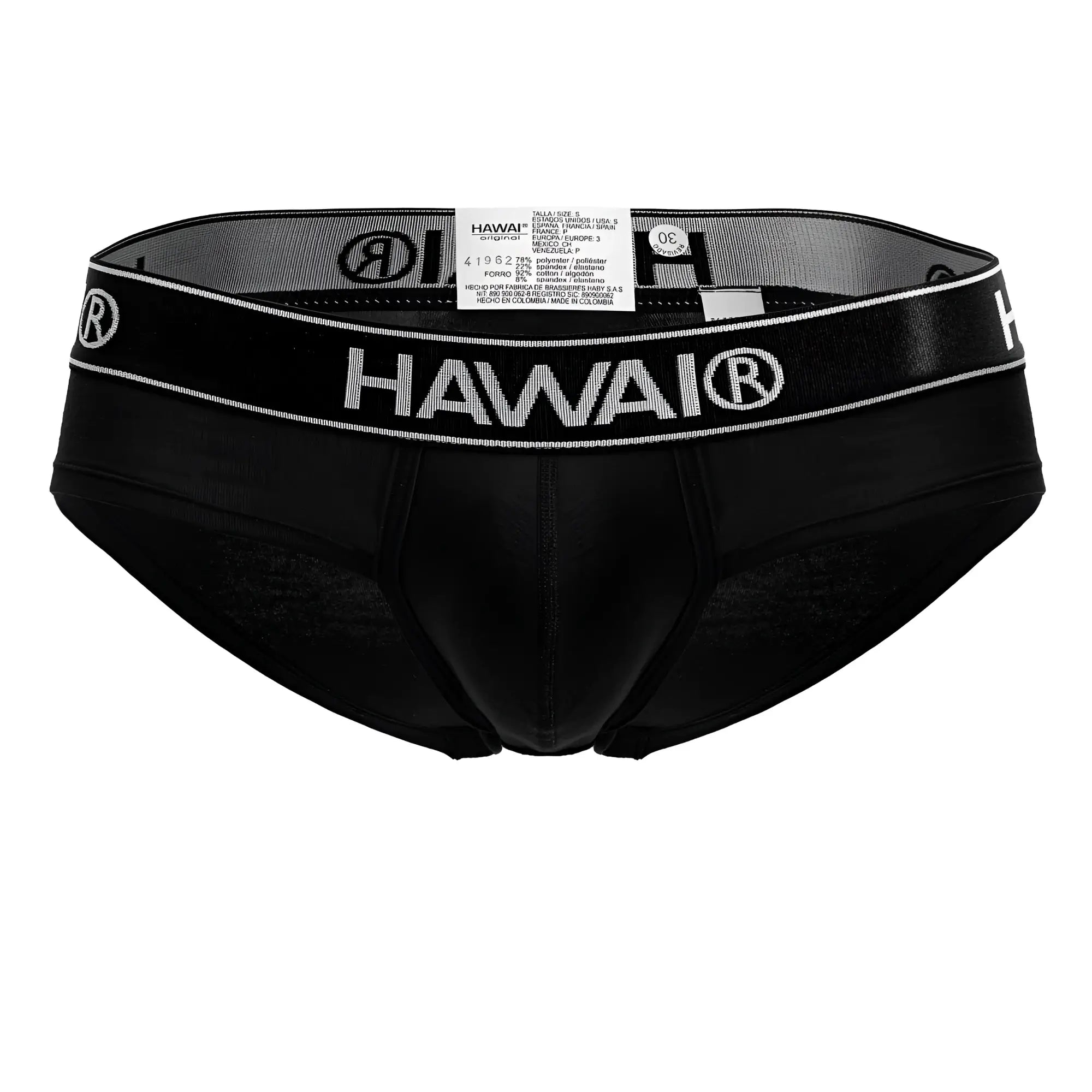 Black hawai® men’s briefs in cotton blend with white logo band and mesh paneling in black color front view