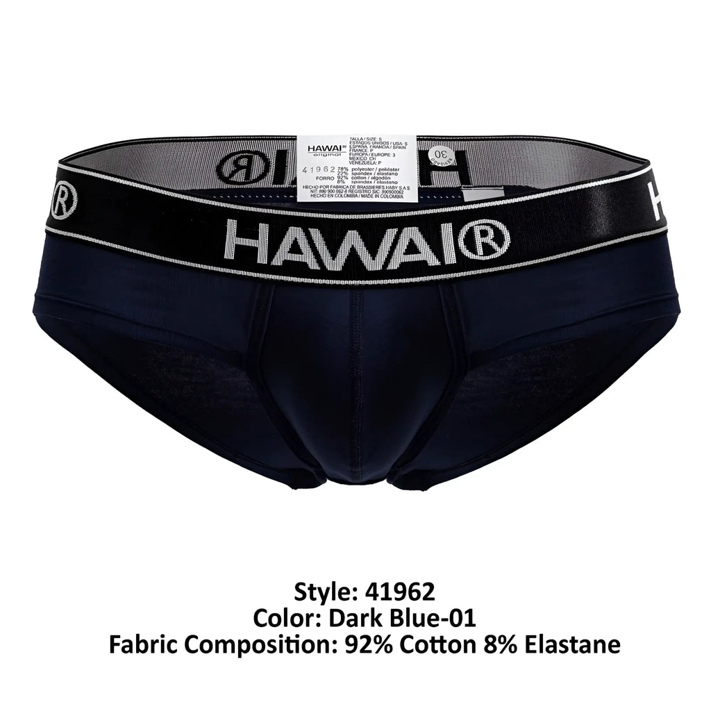 Dark blue hawai men’s cotton blend briefs with black elastic waistband featuring white lettering and logo