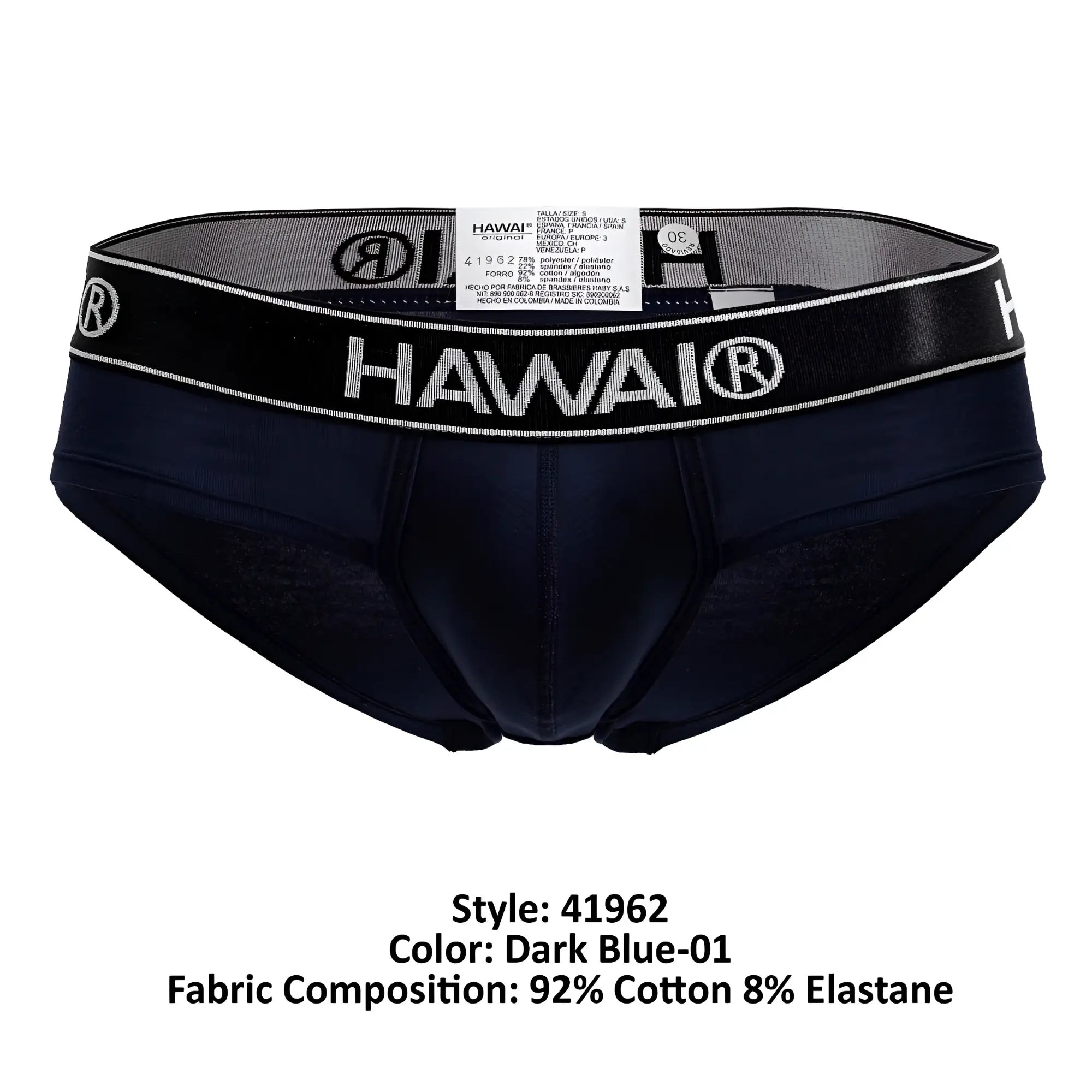 Dark blue hawai men’s cotton blend briefs with black elastic waistband featuring white lettering and logo