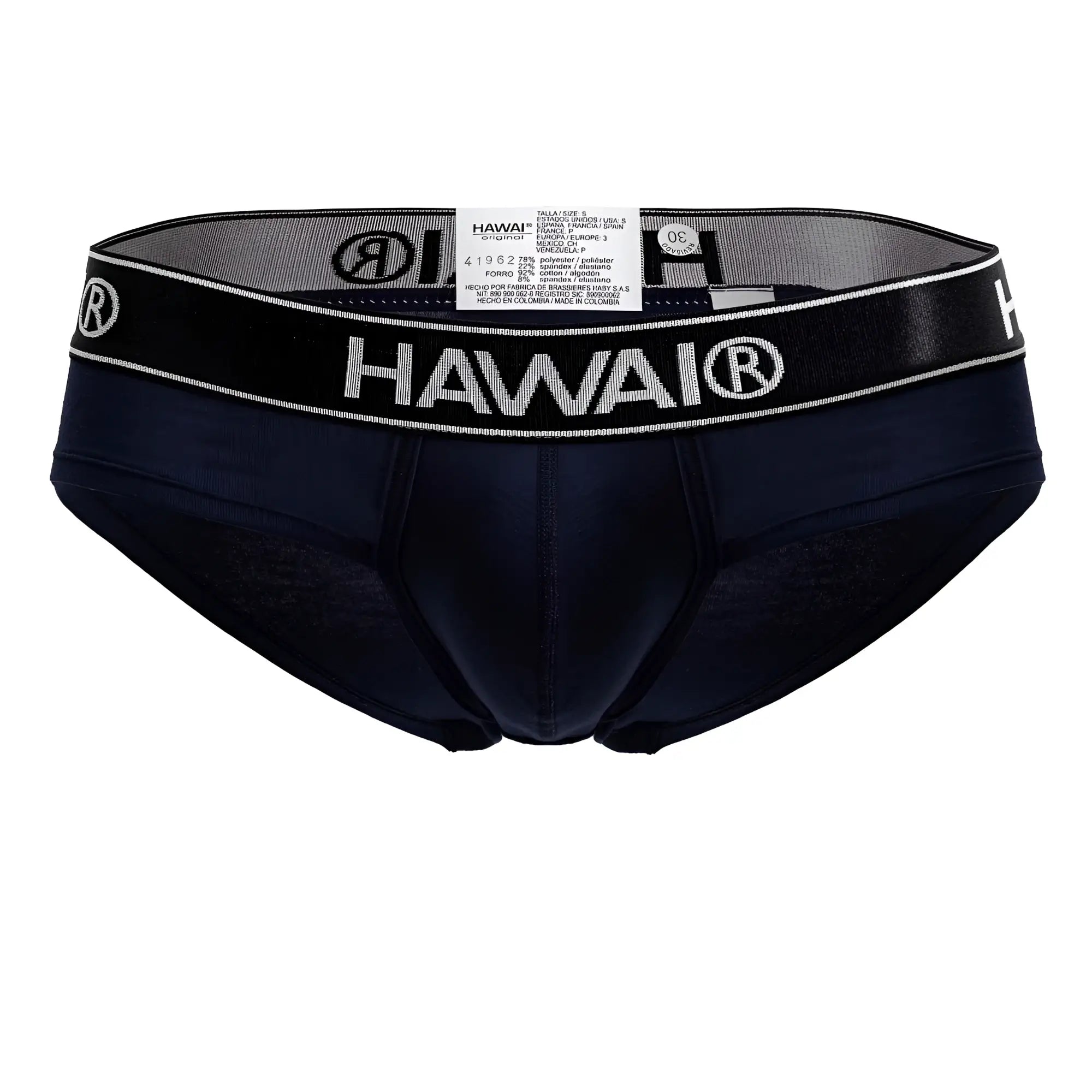 Navy blue hawai briefs with black elastic waistband featuring white lettering made from cotton blend fabric