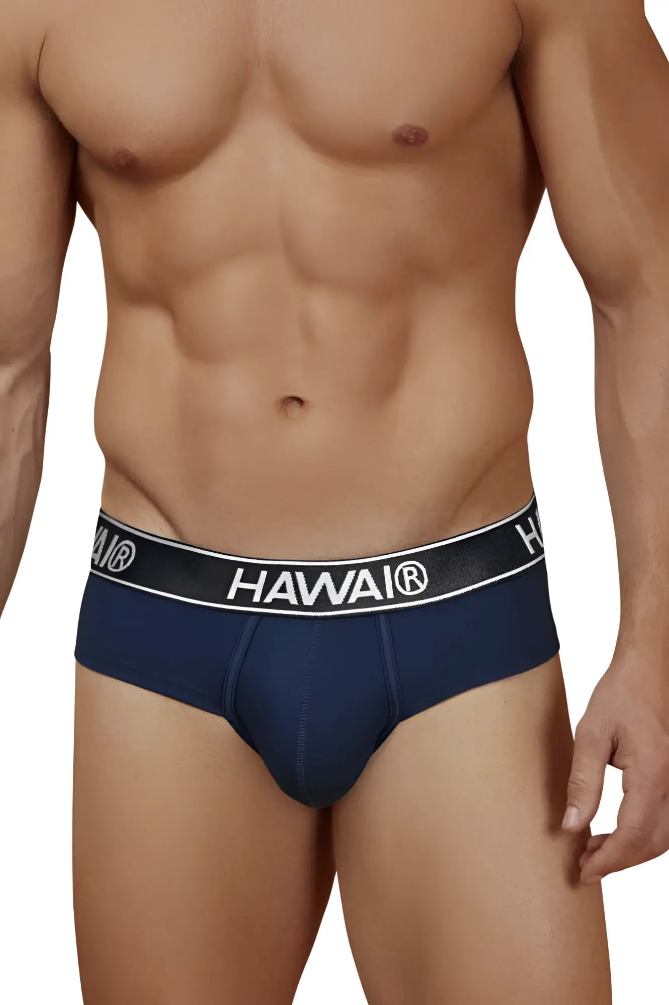 Navy blue hawai briefs with black waistband featuring white lettering made from cotton blend fabric for comfortable wear