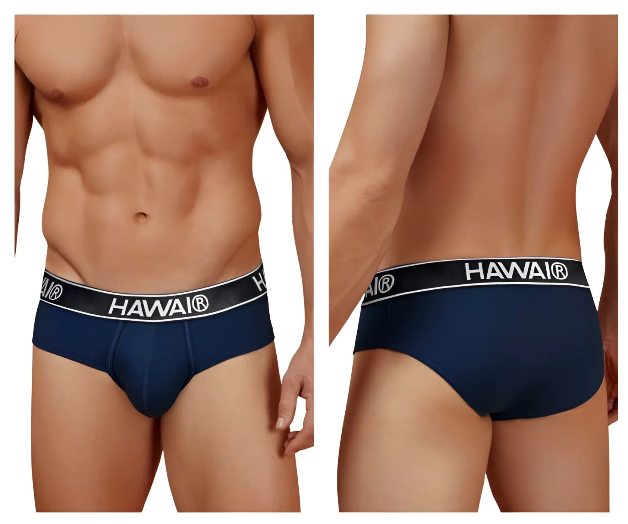 Navy blue hawai brand cotton blend briefs with black waistband and white lettering in dark blue color