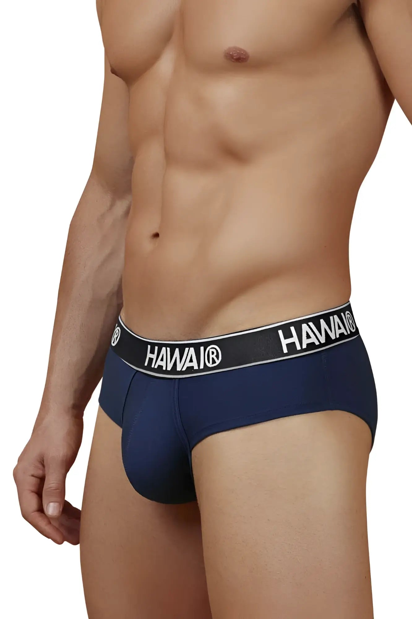 Navy blue hawai branded cotton blend briefs with black elastic waistband and white lettering for comfortable wear