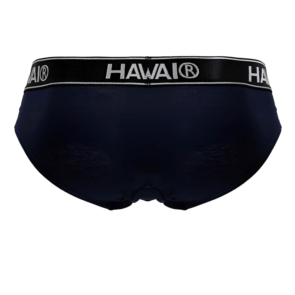 Navy blue Hawai® cotton blend briefs with black elastic waistband featuring white lettering model HAWAIR 41962