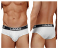 White havai cotton blend briefs in white with a black elastic waistband featuring the brand name in white lettering