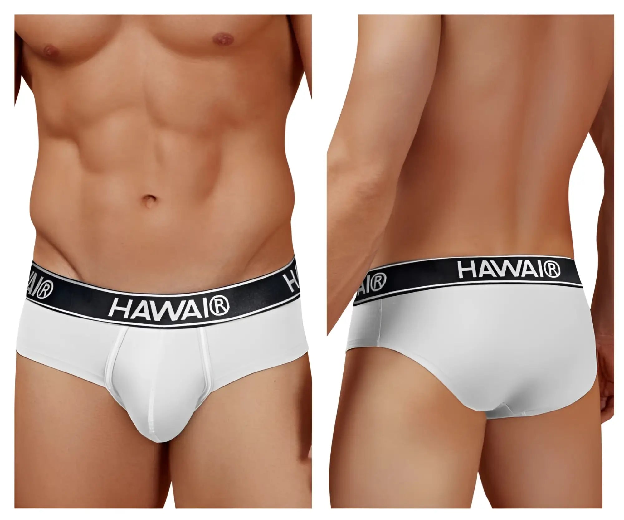 White havai cotton blend briefs in white with a black elastic waistband featuring the brand name in white lettering