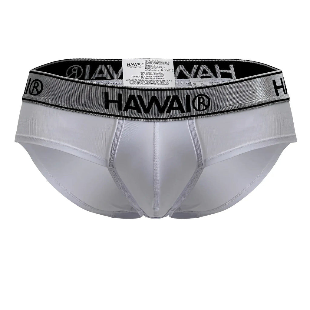 White hawai brand white cotton blend briefs with silver and black elastic waistband front view