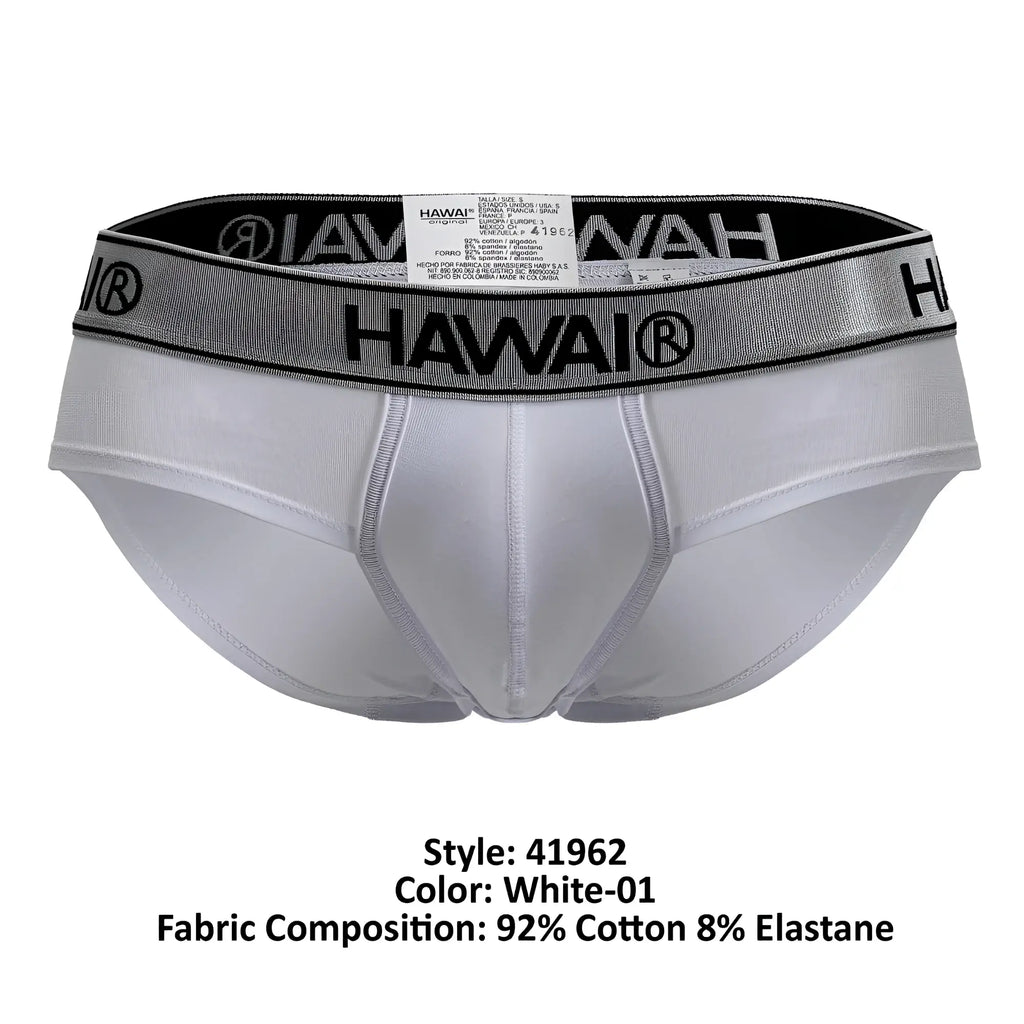 White hawai cotton blend men’s briefs with silver and black elastic waistband featuring hawai® logo