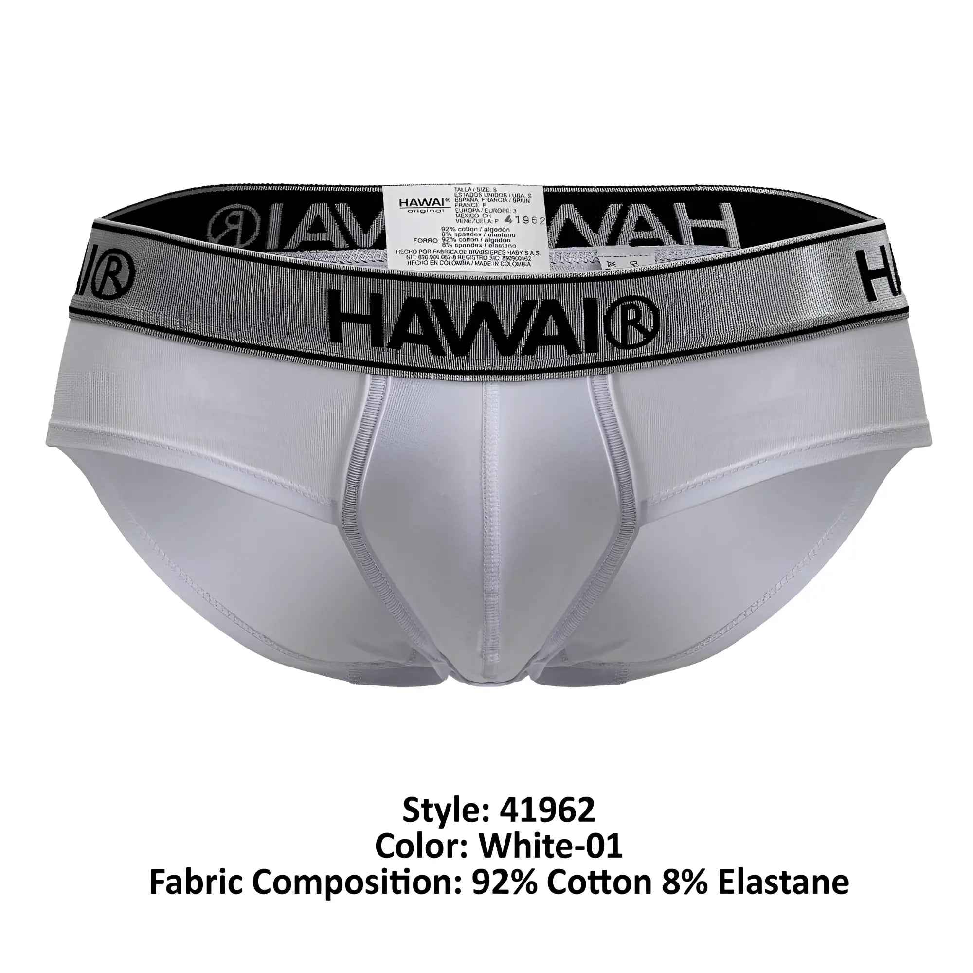 White hawai cotton blend men’s briefs with silver and black elastic waistband featuring hawai® logo