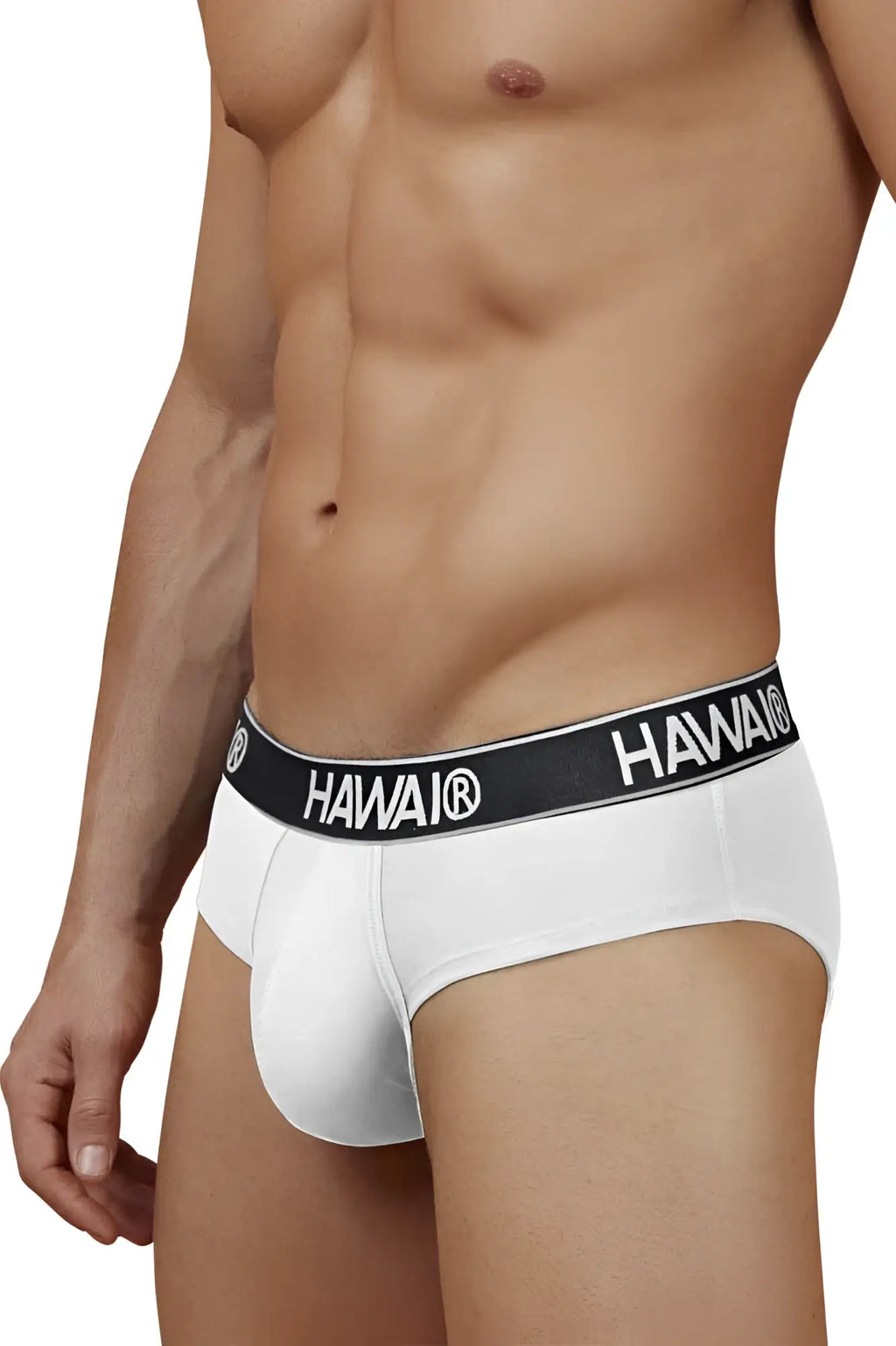 White Hawaii brand cotton blend briefs in white with a black waistband featuring white lettering front view