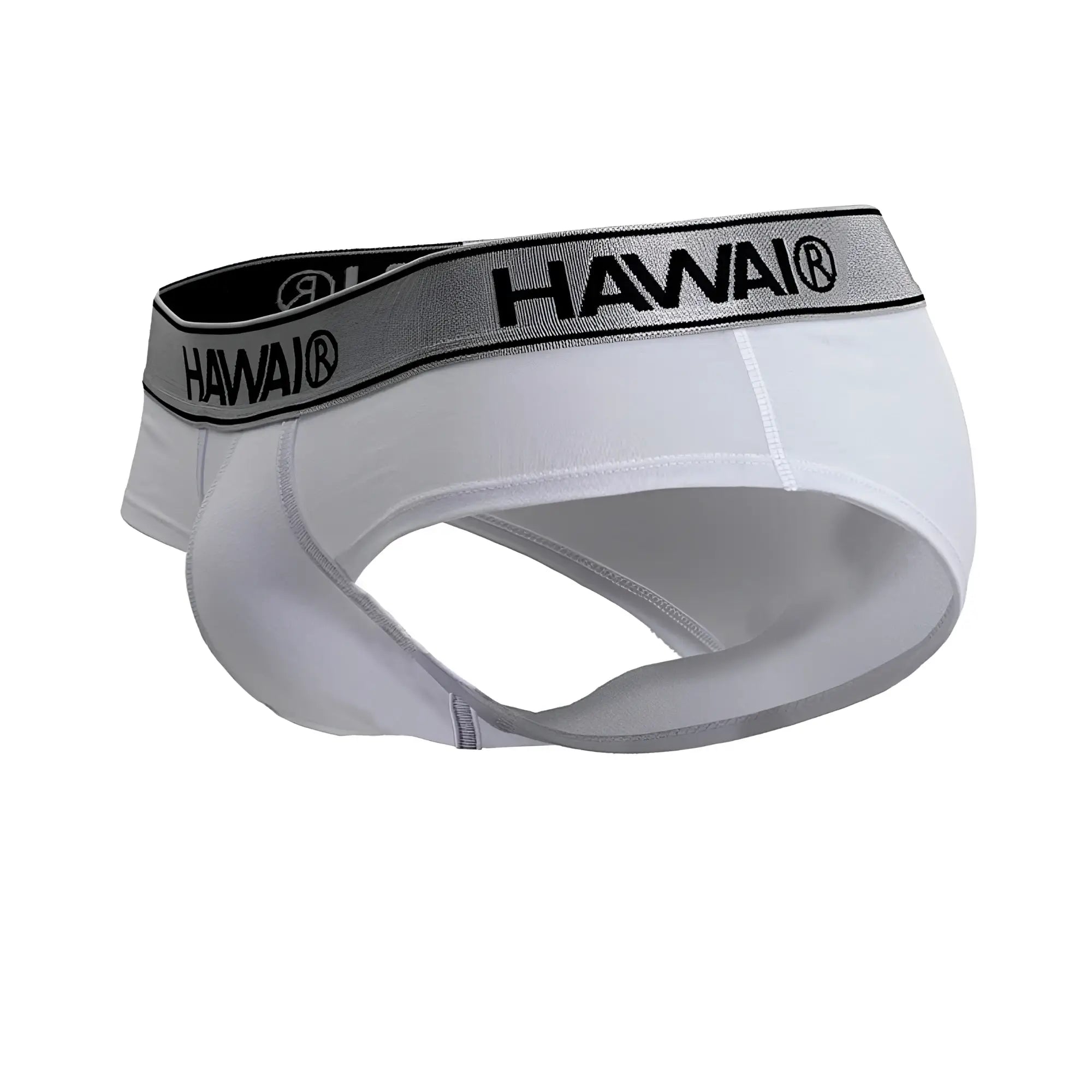 White Hawaii brand cotton blend briefs with gray waistband and black lettering in color white 01 model HAWAIR 41962