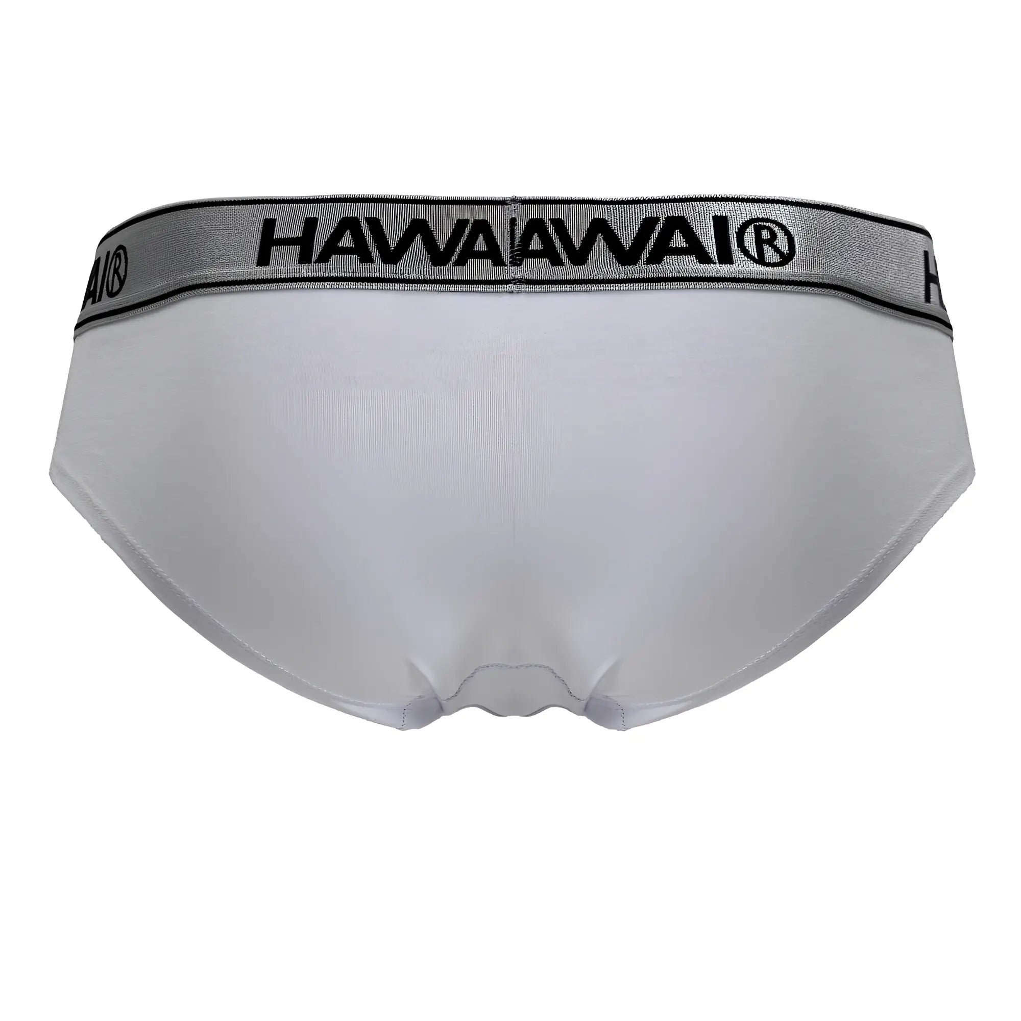 White hawaiwai cotton blend briefs with gray elastic waistband featuring black lettering in color white 01