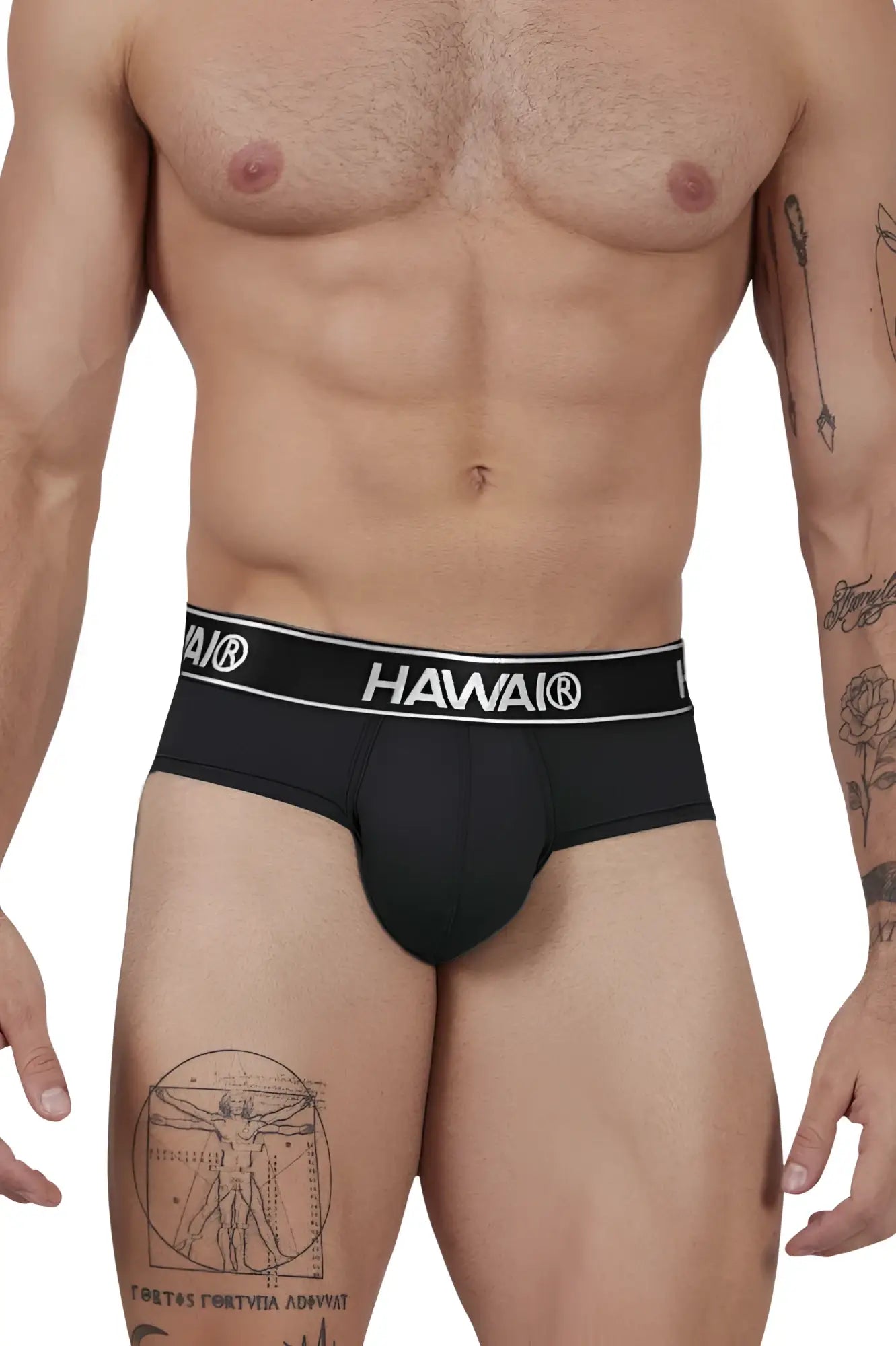 Black hawa microfiber briefs with white elastic waistband featuring brand name in bold lettering hawair 41963 model