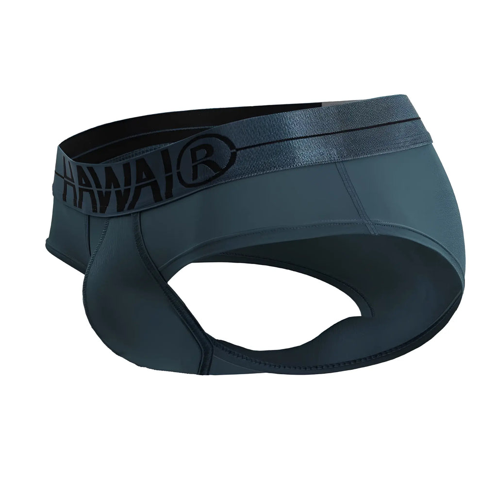 Dark gray hawai brand men’s microfiber briefs with green color and black waistband featuring the logo