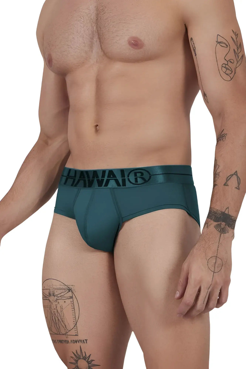 Teal microfiber men’s briefs with a black hawai logo band in the front from hawair 41963 collection