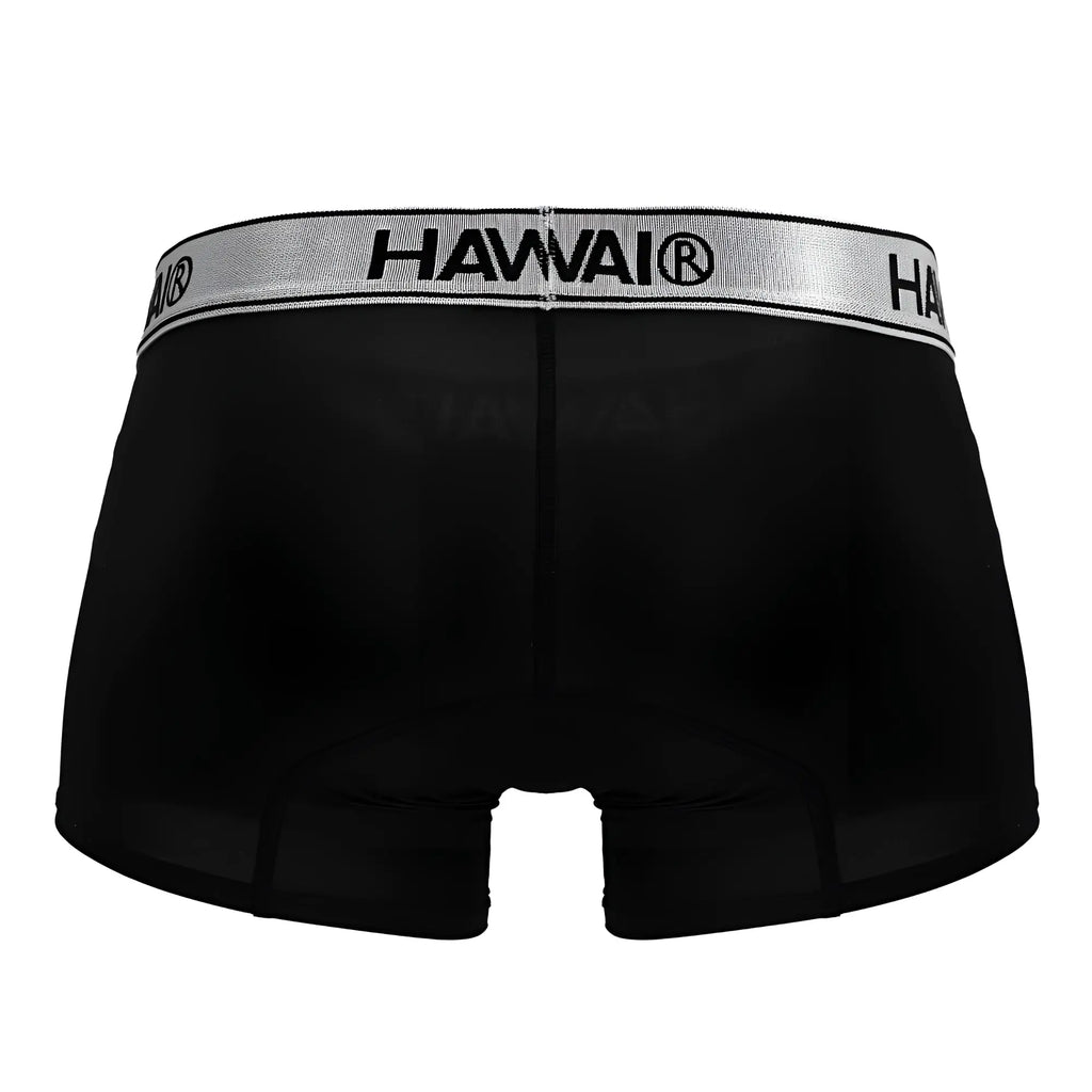 Black hawai boxer briefs in black microfiber with silver waistband featuring bold black lettering HAWAIR 41977 trunks