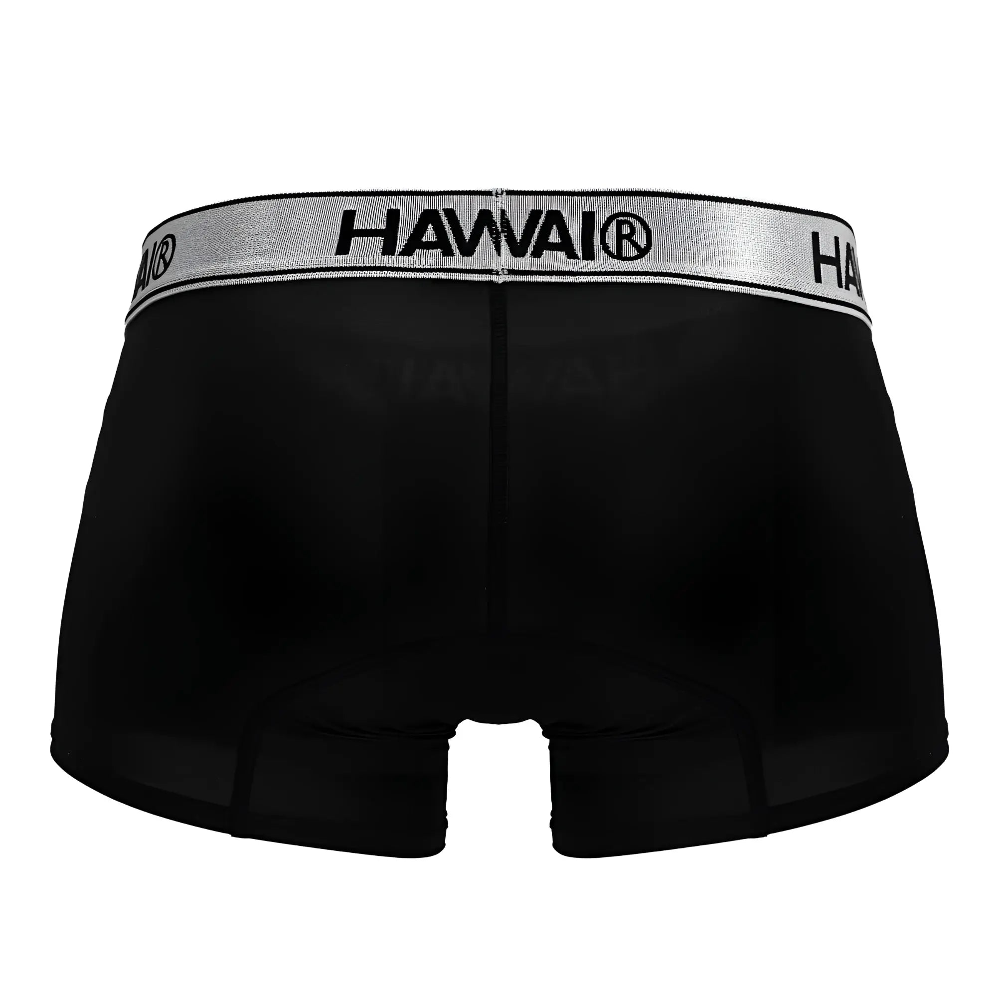 Black hawai boxer briefs in black microfiber with silver waistband featuring bold black lettering HAWAIR 41977 trunks