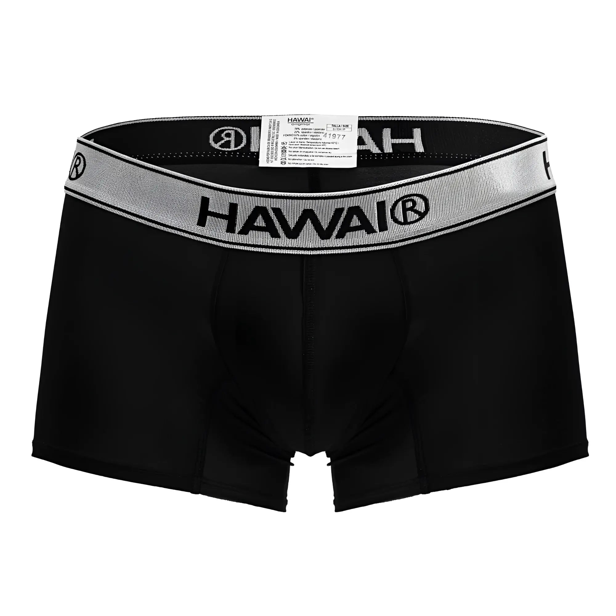 Black hawai men’s microfiber boxer briefs in black with a silver-striped elastic waistband, model hawair 41977