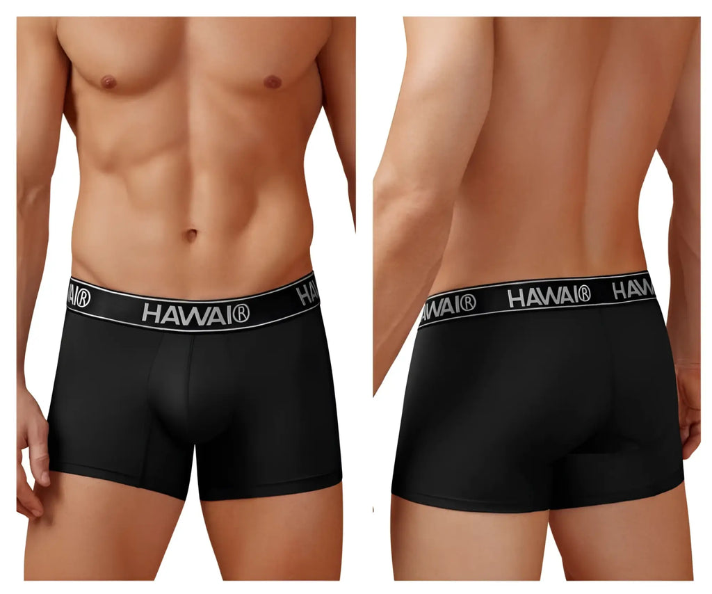 Black hawaii microfiber men’s briefs with white logo band in trunks style for comfortable everyday wear