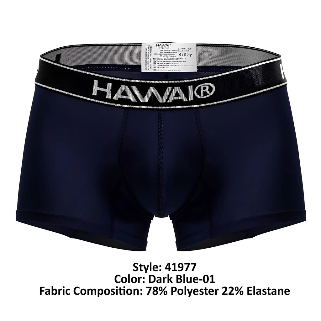 Dark blue hawai boxer briefs with black elastic waistband white lettering microfiber trunks for comfortable wear