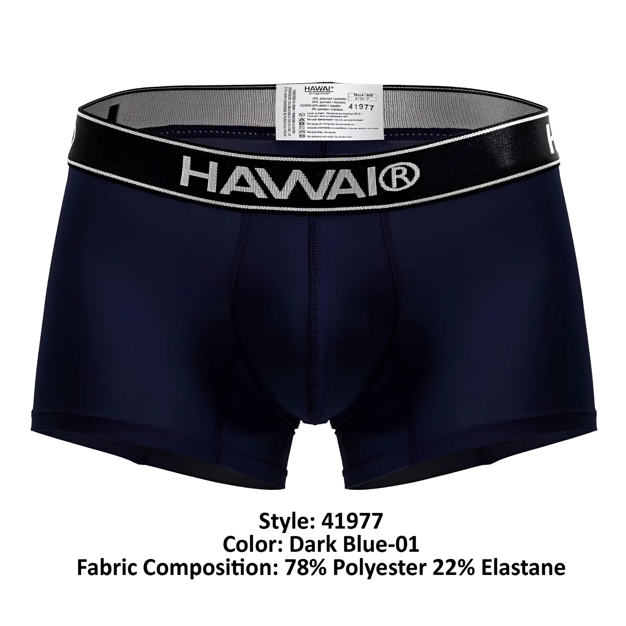 Dark blue hawai boxer briefs with black elastic waistband white lettering microfiber trunks for comfortable wear
