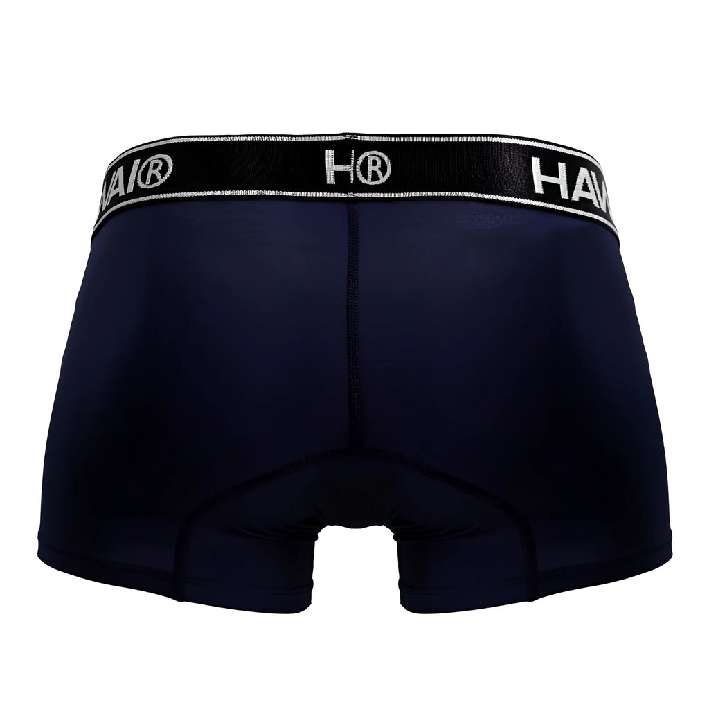 Navy blue hai brand microfiber briefs with black elastic waistband featuring white lettering and logo hawair 41977
