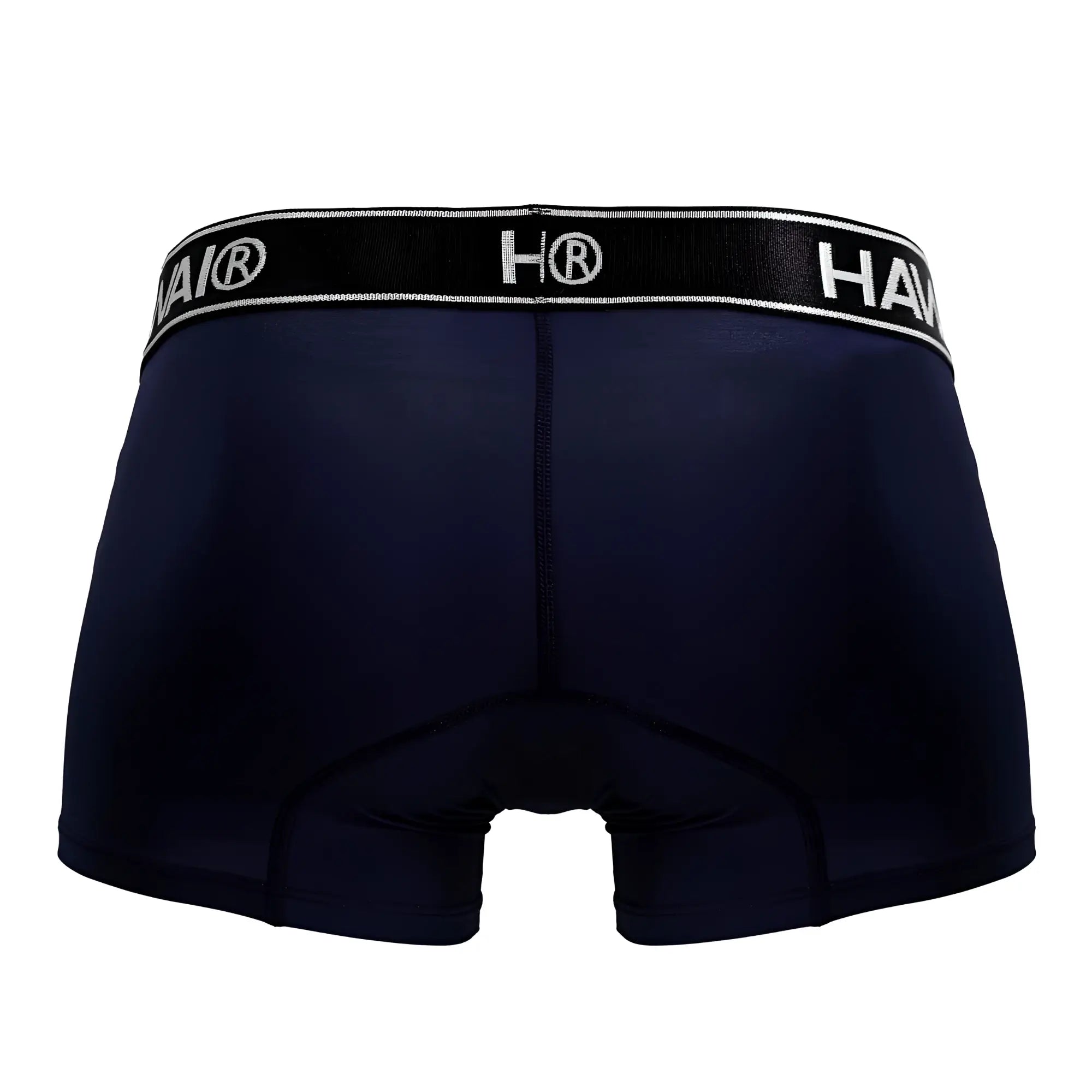 Navy blue hai brand microfiber briefs with black elastic waistband featuring white lettering and logo hawair 41977