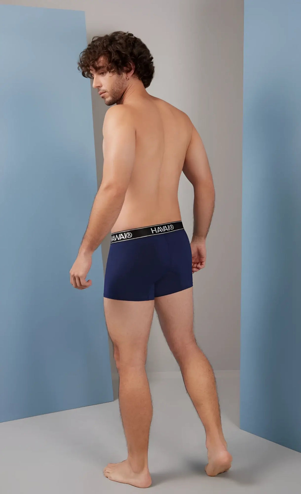 Navy blue Havaianas microfiber boxer briefs with black elastic waistband featuring brand logo front view
