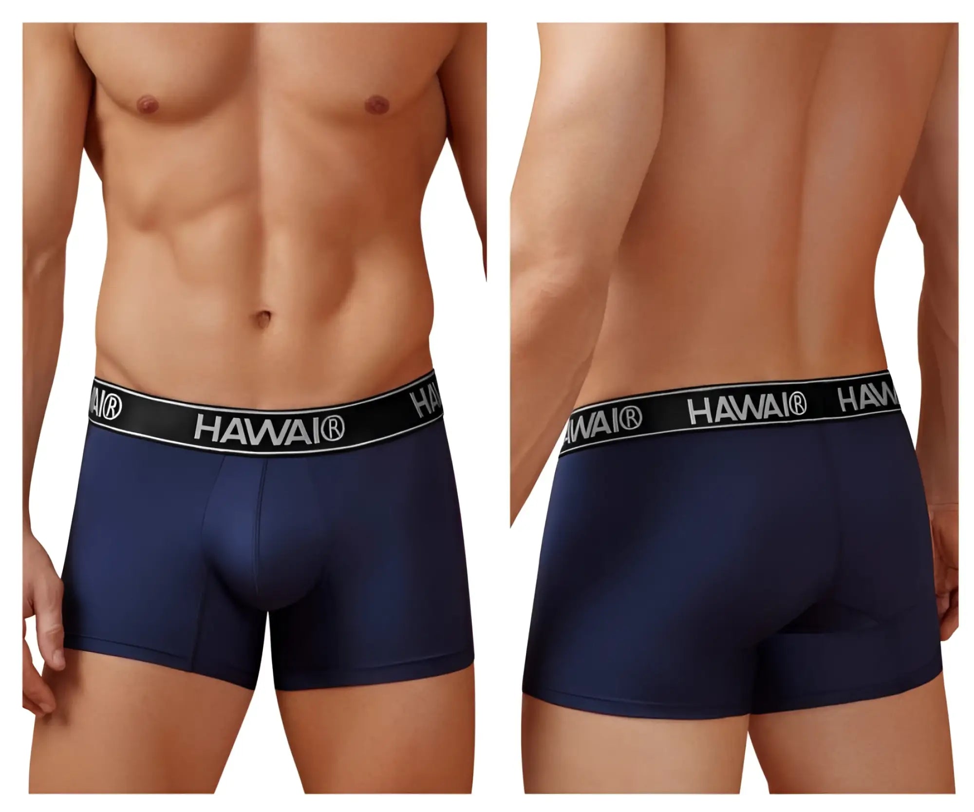 Navy blue Hawai men’s microfiber briefs with black elastic waistband featuring white lettering in HAWAIR 41977 style