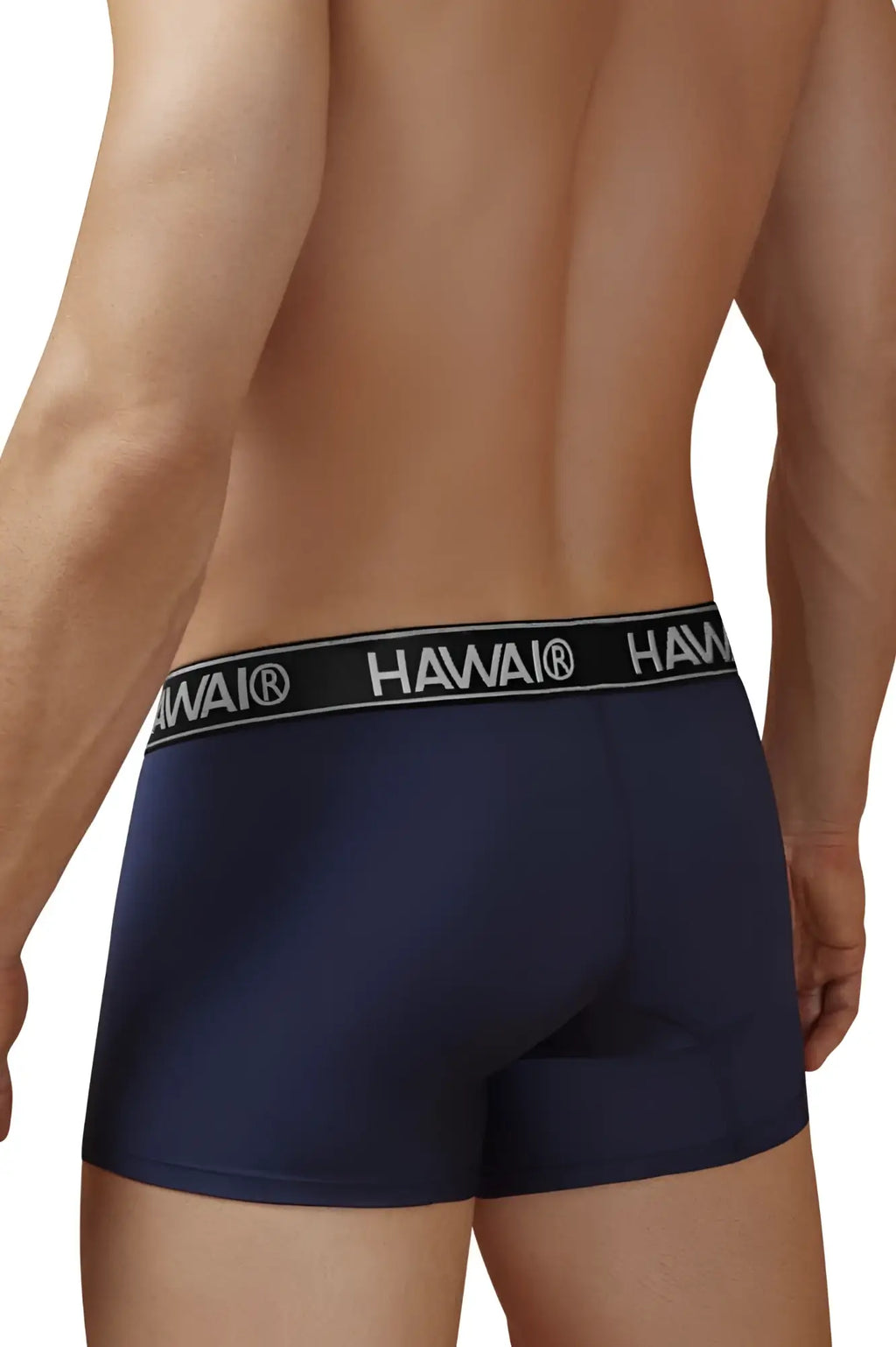 Navy blue hawaii microfiber trunks with black elastic waistband and white lettering in dark blue color variant