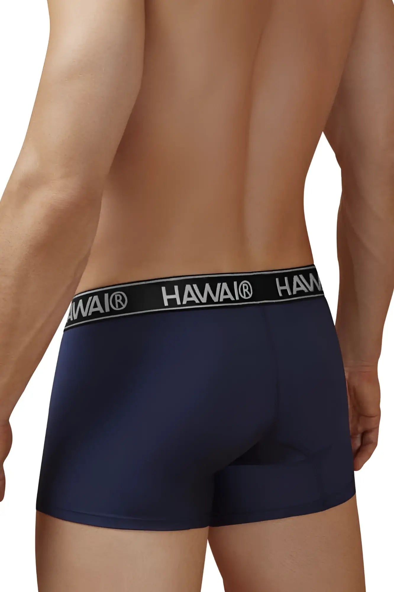 Navy blue hawaii microfiber trunks with black elastic waistband and white lettering in dark blue color variant
