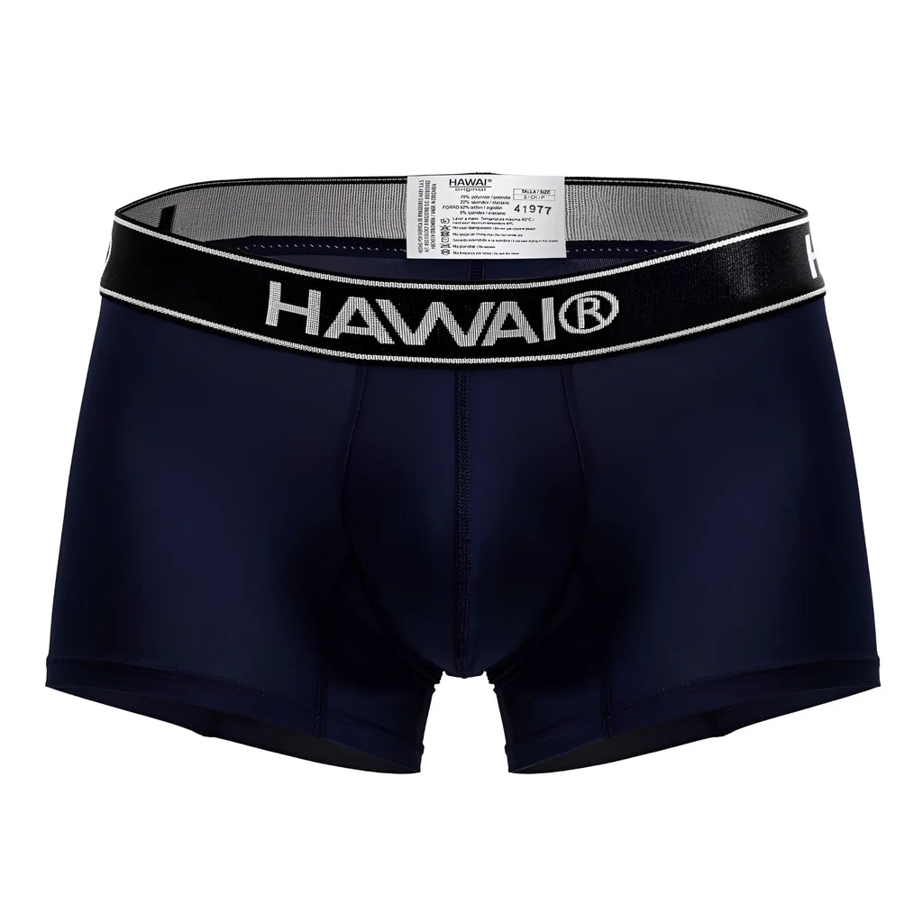 Navy blue hawaii brand microfiber boxer briefs with black elastic waistband featuring white lettering and trim