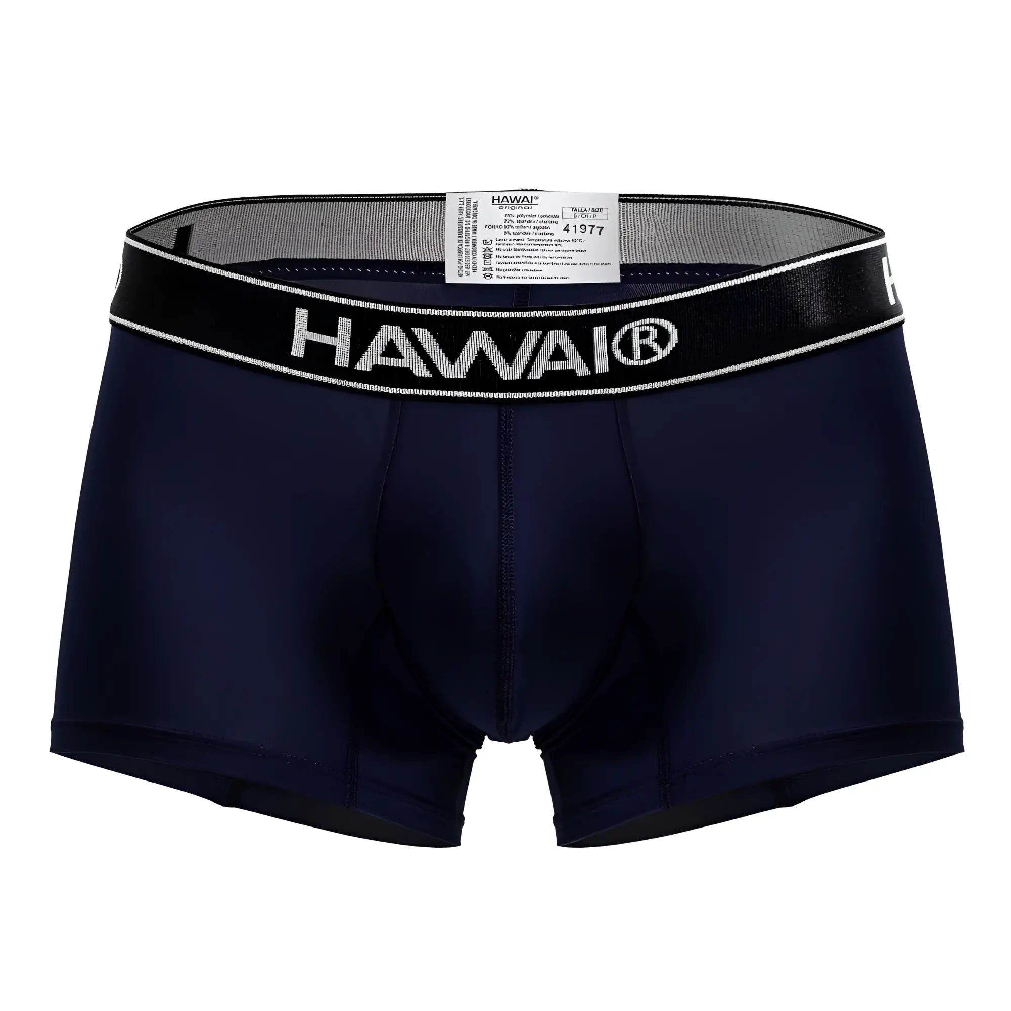 Navy blue hawaii brand microfiber boxer briefs with black elastic waistband featuring white lettering and trim