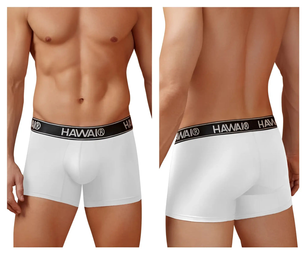 White hawaii microfiber boxer briefs in white with black elastic waistband featuring brand name in white lettering