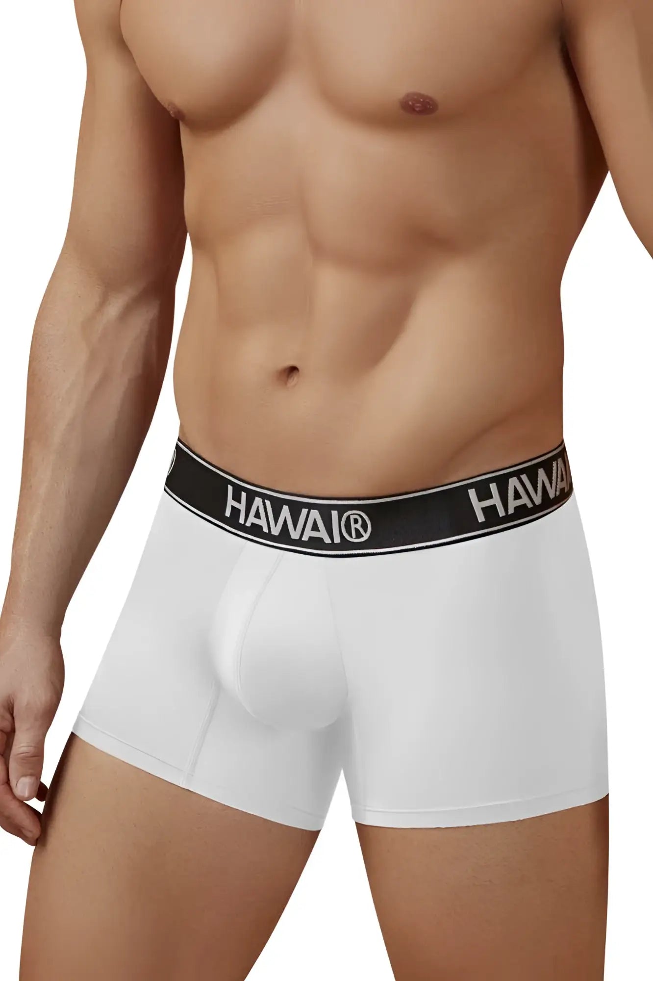 White hawaair 41977 microfiber trunks with black elastic waistband featuring hawaii brand name in white lettering