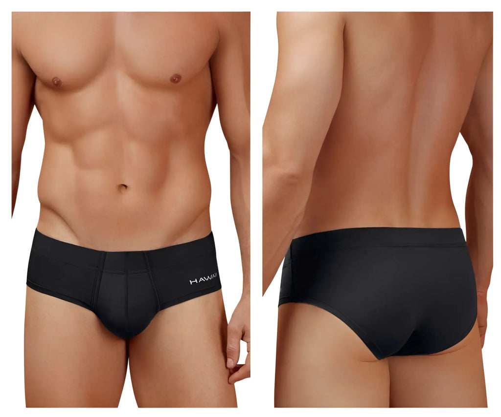 Black microfiber men’s briefs with subtle hawaii logo on waistband in hawair 42241 model black color