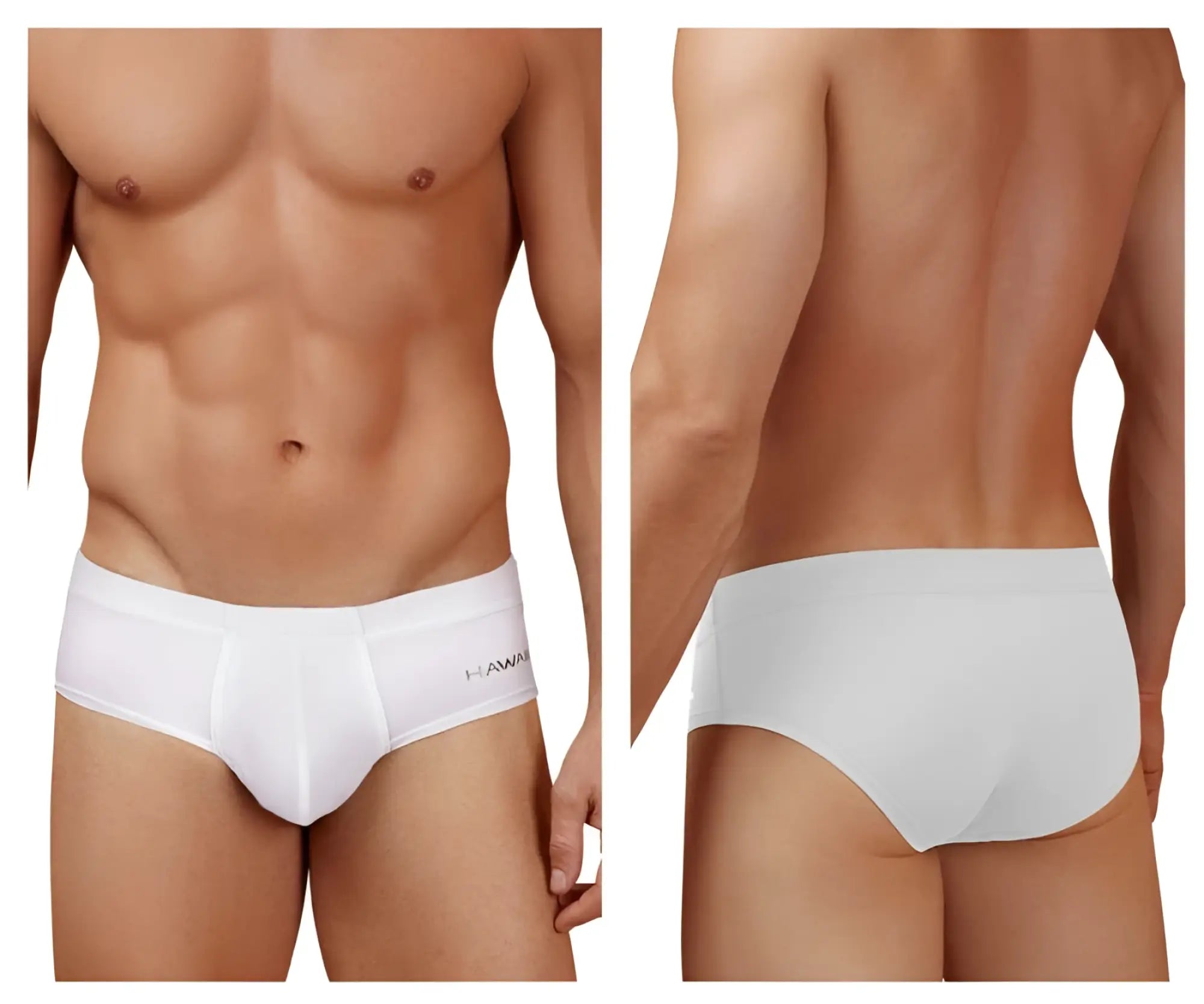 White microfiber men’s briefs featuring a subtle Hawaii logo on the waistband in color white 01