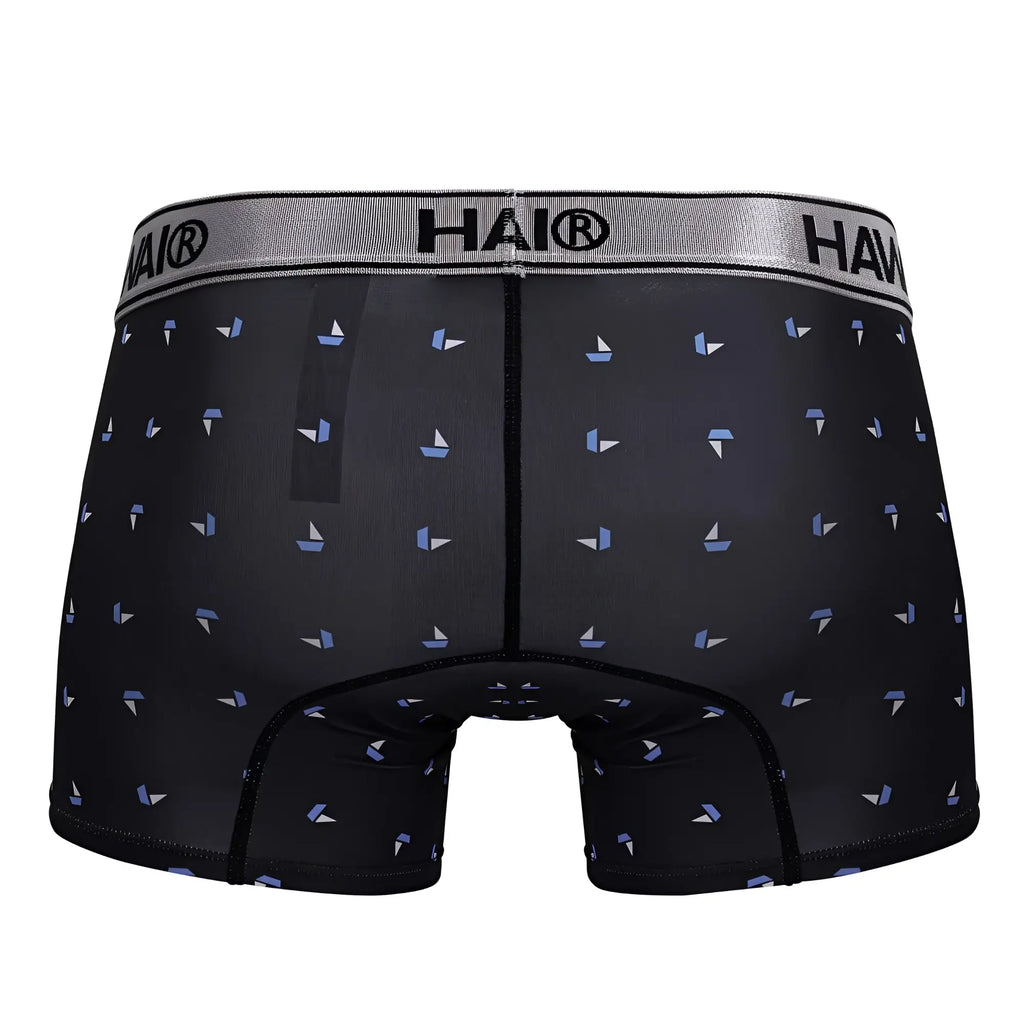 Black hai boxer briefs in black microfiber with light blue and white sailboat print for comfortable daily wear