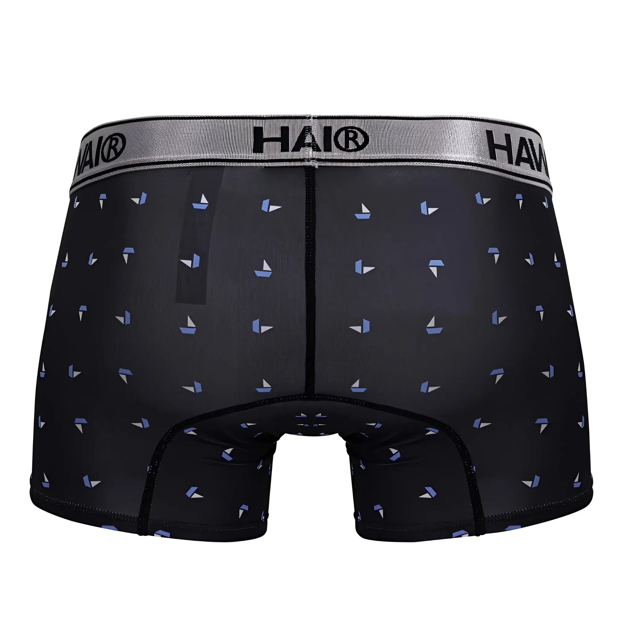 Black hai boxer briefs in black microfiber with light blue and white sailboat print for comfortable daily wear