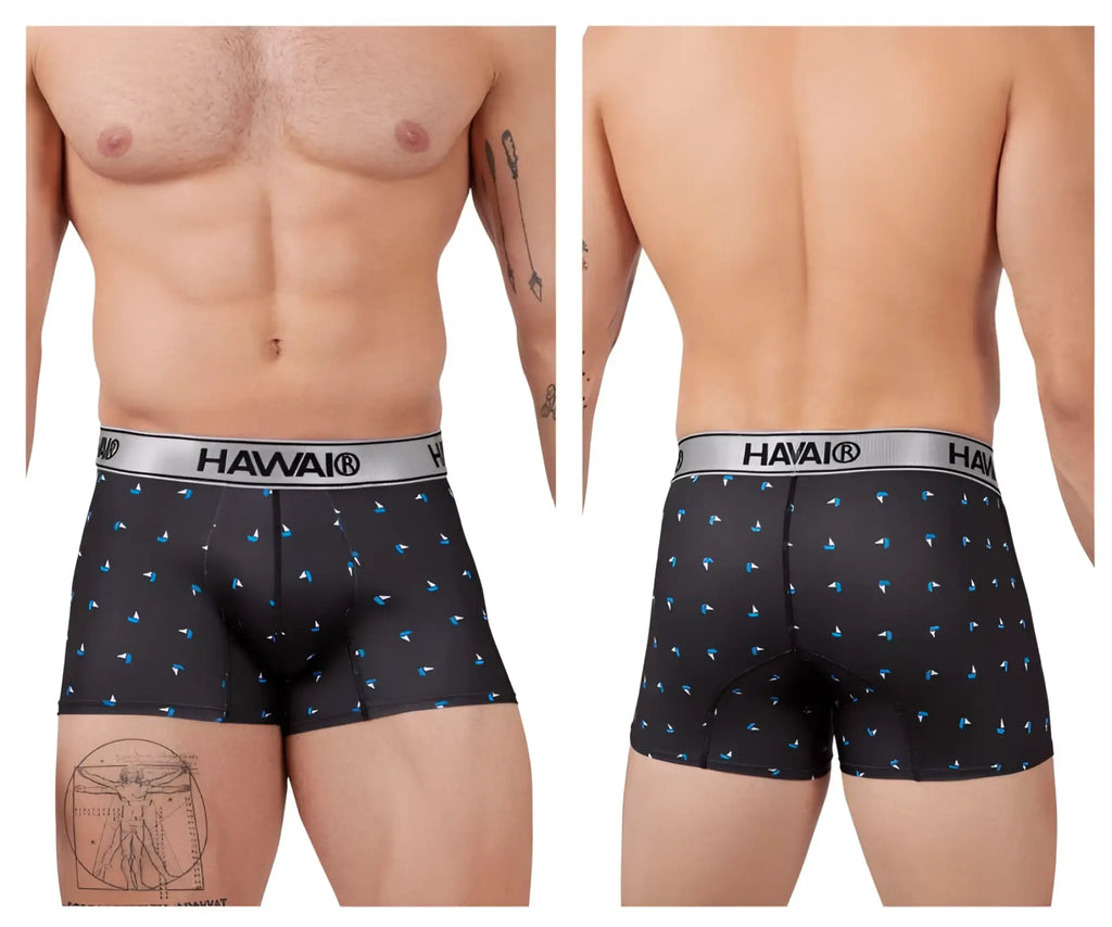 Black havai boxer briefs with subtle blue bird pattern silver waistband made from microfiber for comfortable wear