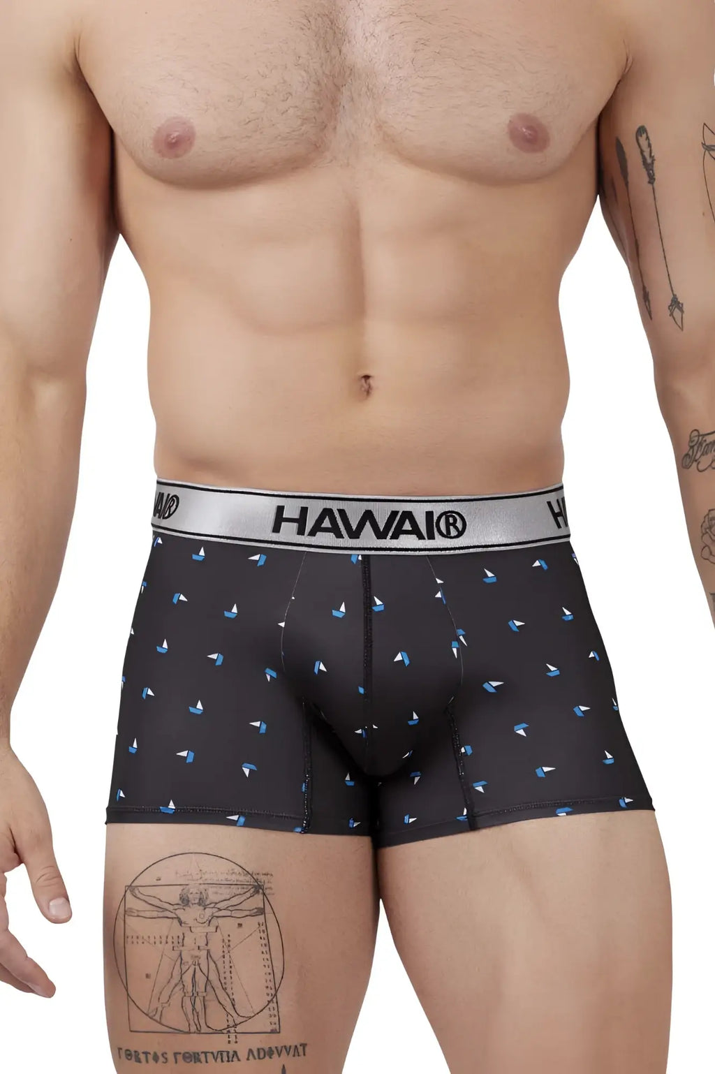 Hawai® 42470 printed microfiber black boxer briefs with subtle blue sailboat pattern and silver waistband