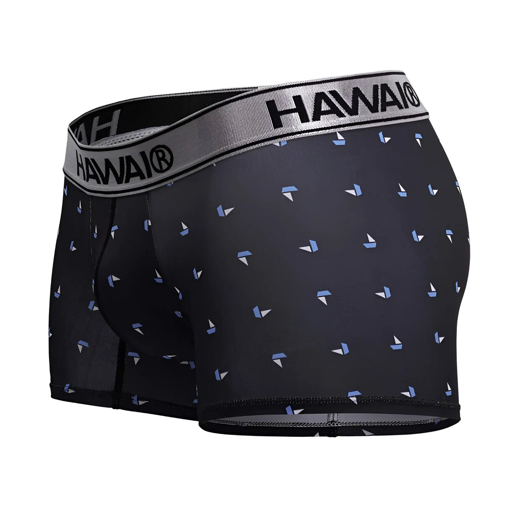 Black hawai men’s boxer briefs in black microfiber with a subtle pattern of light blue and white sailboats