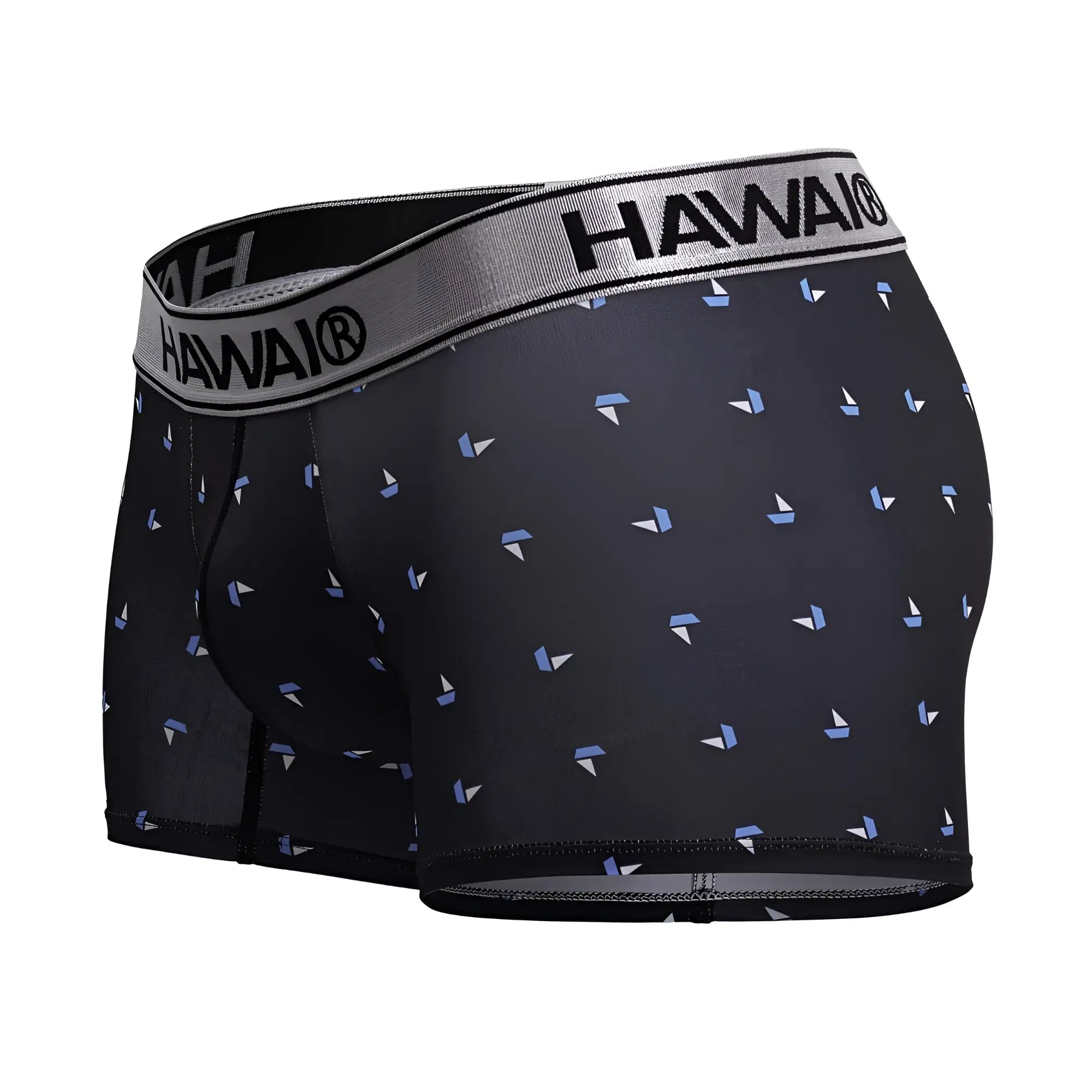 Black hawai men’s boxer briefs in black microfiber with a subtle pattern of light blue and white sailboats