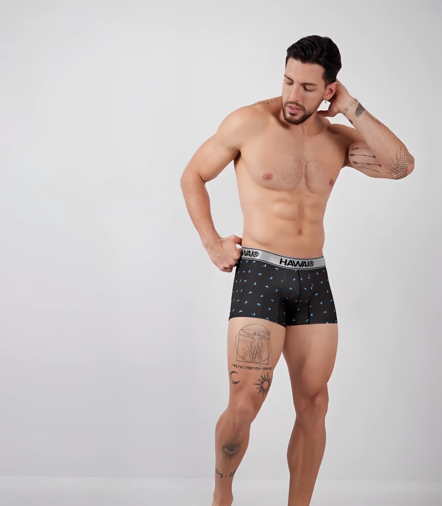 Black hawaii boxer briefs with subtle blue geometric pattern and gray waistband branded hawair 42470 printed microfiber trunks