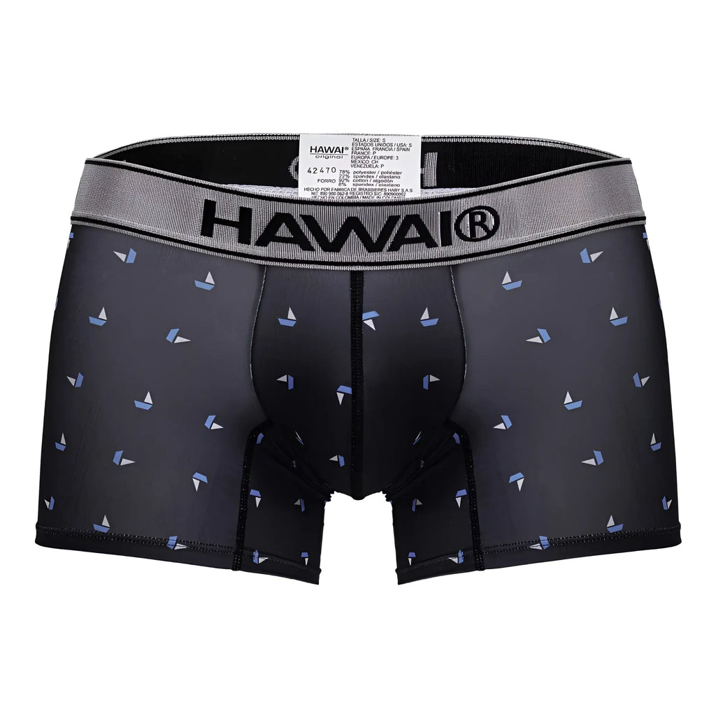 Black hawaii mens printed microfiber boxer briefs in black with a subtle light blue and white sailboat pattern