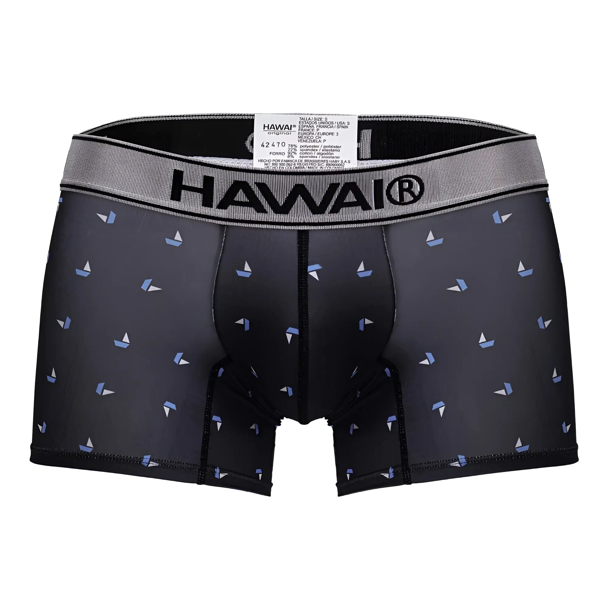 Black hawaii mens printed microfiber boxer briefs in black with a subtle light blue and white sailboat pattern